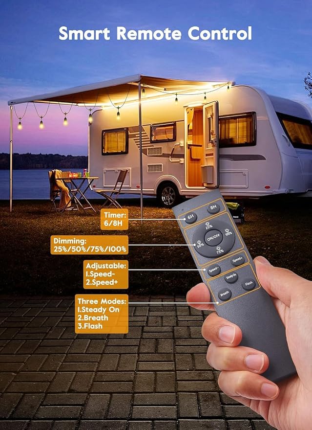 Brightown Outdoor String Lights, 52FT 15 Bulbs Shatterproof Patio Lights with Remote, IP65 Waterproof Dimmable Hanging Connectable LED Outdoor Lights for Backyard, Bistro, Porch, Deck, Balcony