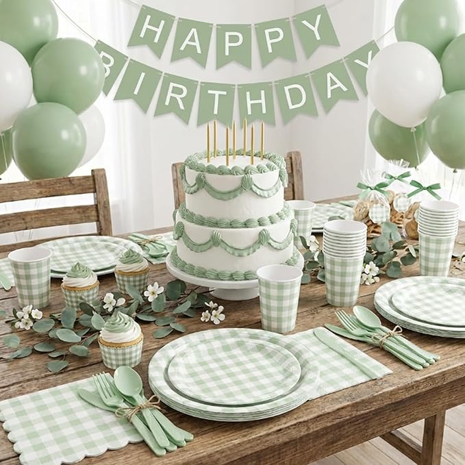 LINHAXM 175 Pcs Sage Green Gingham Party Supplies, Green Gingham Paper Plates, Cups, Napkins, Cutlery for Wedding Bridal Showe Birthday Baby Shower Party Decorations, Serves 25