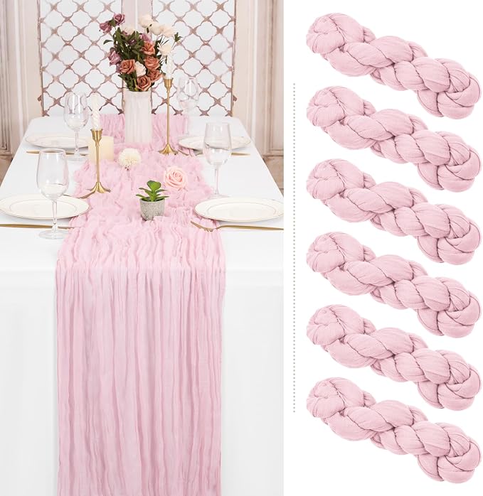 Showgeous 6 Pack Pink Cheesecloth Table Runner, 10FT Long Semi-Sheer Boho or Rustic Gauze Table Runner Wedding Table Decor for Wedding Arch Draping Bridal Shower Holiday Party