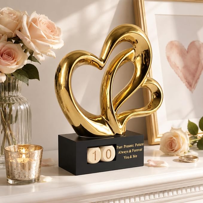 Ceramic Heart Sculpture with Date Blocks, Gold Hearts Statue for Home Decor, Romantic Valentines Day & Wedding for Couple, Shelf Mantel Tabletop Display (Gold)
