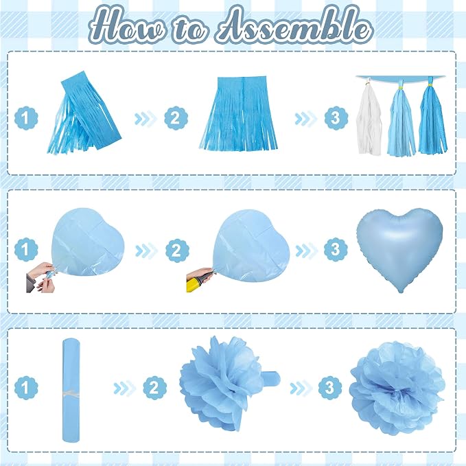 Light Blue Bow Birthday Party Decorations, Coquette Bow Blue and White Confetti Long Balloons Happy Birthday Banner Fringe Curtain Tassel Pompoms For Women Girls Theme Baby Shower Party Decorations