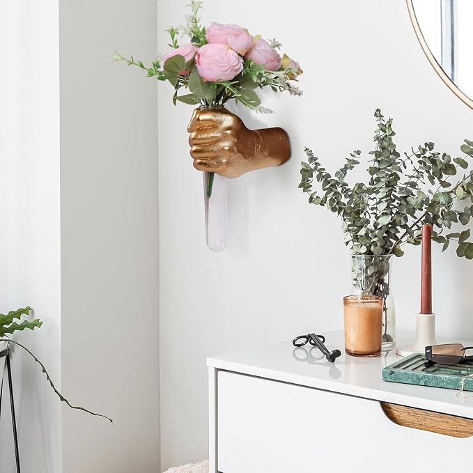 Gold Wall Sculptures, Hand Vases Home Decor, Wall Mount Art Sculpture, Unique Wall Art Statue, Funky Flower Vase Decorations, Modern Eclectic Hanging Decor,Glass Test Tube Vase