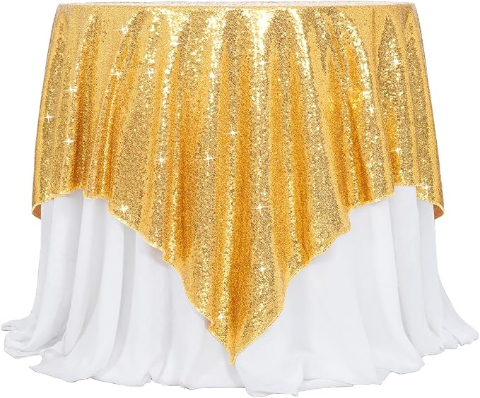 Poise3EHome Gold Sequin Tablecloth 90×90 Inch Square Sequin Fabric Table Cover Overlay for Baby Shower Birthday Party Wedding Christmas Holiday Cake Table Decoration