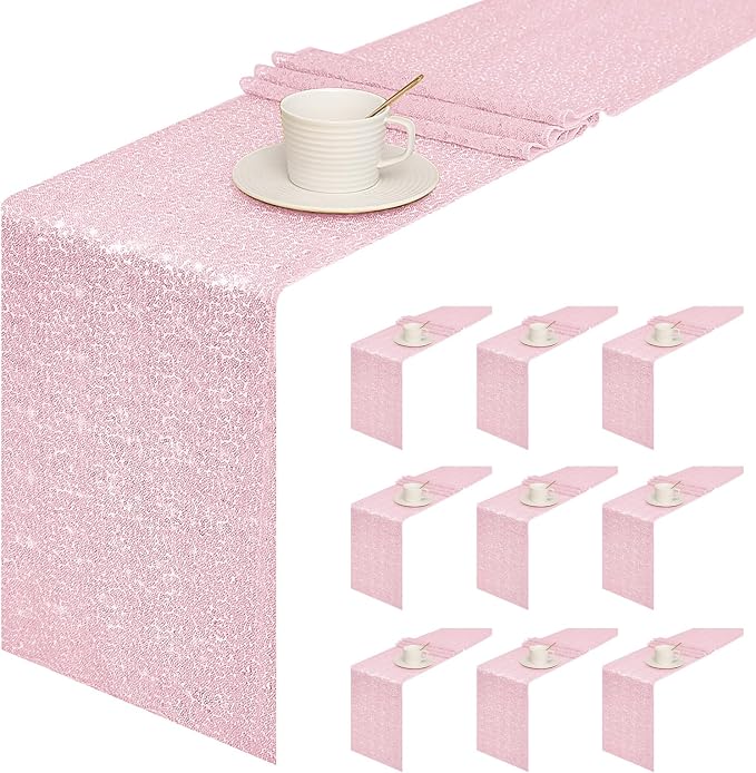 Sugargirl 10 Packs 12 x 72 inches Sequin Table Runner, Glitter Pink Table Runner for Birthday Party Supplies Wedding Holiday Celebration Event Decorations