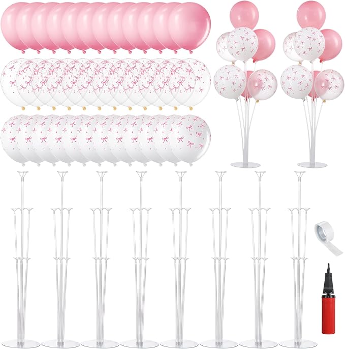 VioraWhite 8 Set Balloon Stands Kits, Sticks Holder with Base and Balloon for Table Centerpieces Party Decoration for Birthday Baby Shower Fiesta Carnival Wedding Graduation Party(Pink Bow)