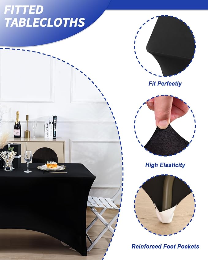 Fixwal 6 Pack Black Tablecloth Rectangle 6Ft, Stretch Spandex Fitted Table Cover for Party, Trade Show, Wedding, Buffet, Graduation, Vendor Stand