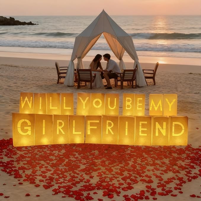 Will You Be My Girlfriend Decorations – Valentine’s Day Surprise Set with Light Up Letters, 30 Tea Light Candles, 2000 Rose Petals, 10 Balloons – Luminary Bags for Romantic Setup