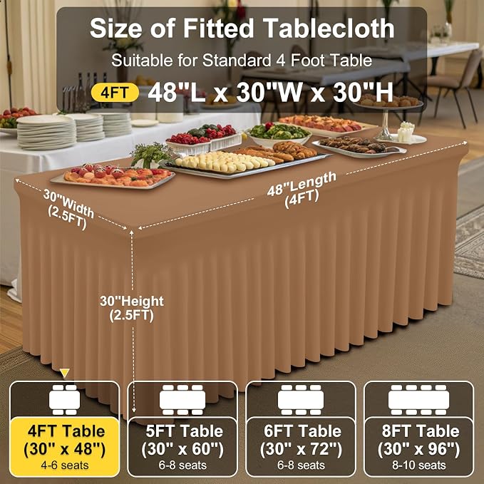 Smiry Spandex Tablecloth, Elastic Fitted Stretch Tablecloth for 4FT Rectangle Tables, Waterproof Washable Table Cover Skirt for Outdoor, Wedding, Banquet & Parties (Khaki, 48Lx30Wx30H Inch)
