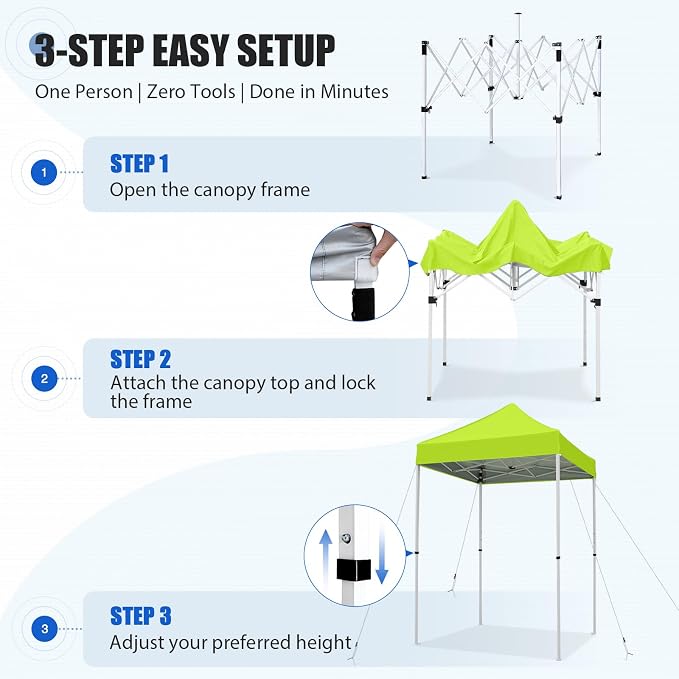 EAGLE PEAK 5x5 Pop Up Canopy Tent Instant Outdoor Canopy Easy Set-up Straight Leg Folding Shelter, Neon Green