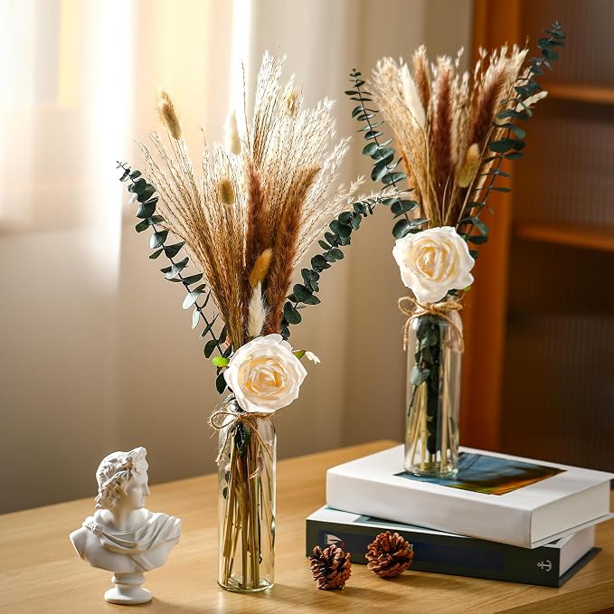 Qinyoung 10 Set Dried Pampas Grass Centerpiece for Wedding Baby Shower Party 10 Glass Flower Jars 10 Artificial Roses 80 Dried Pampas Grass with Rope for Rustic Bridal Farmhouse Decoration(White)