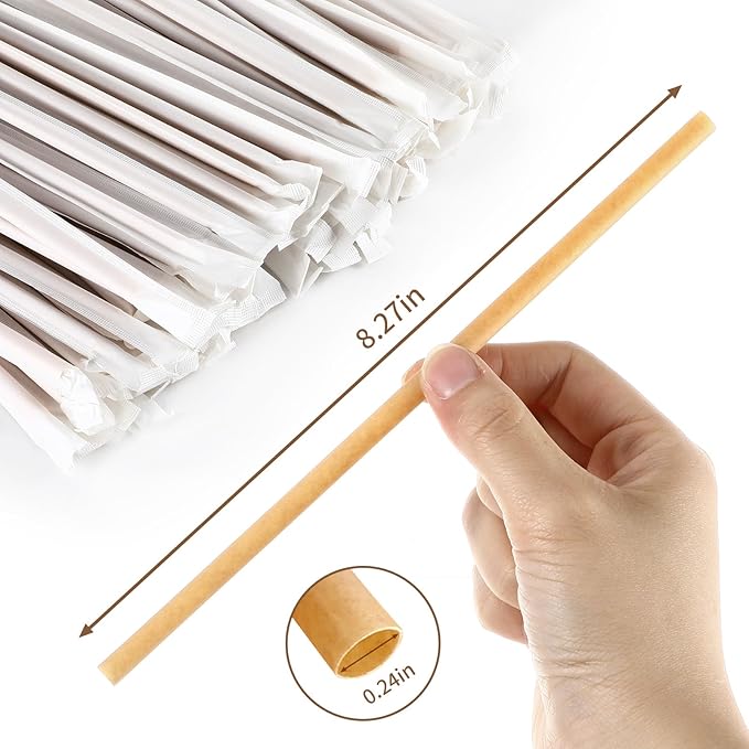 Potchen 200 Pcs Individually Wrapped Sugarcane Straws 8" Biodegradable Plastic Compostable Disposable Drinking Straws for Smoothie Drinks Parties Restaurants Home