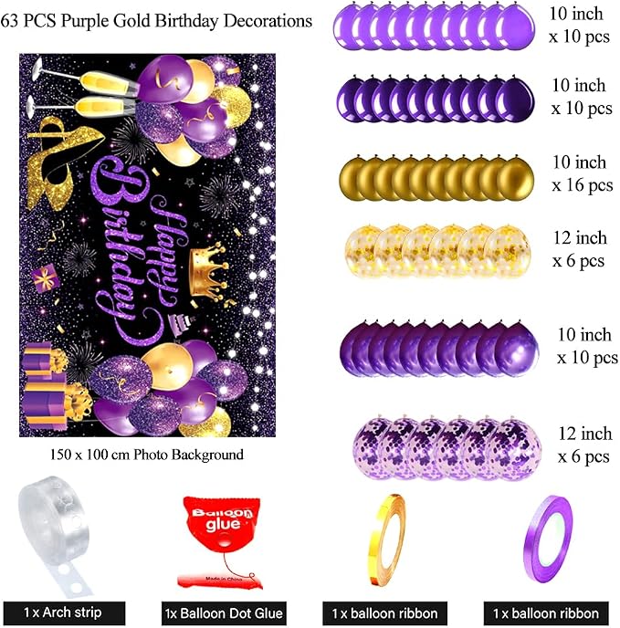 63 PCS Purple Gold Birthday Party Balloons Decoration for Girl Women | with Photo Backgrounds Backdrops, Happy Birthday Sign Banner Cloth, Confetti Balloon