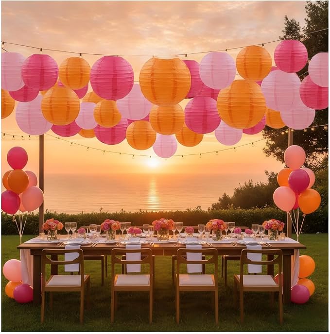 CC wonderland zone 12pcs Hot Pink and Orange Paper Lanterns - Round Ceiling Hanging Paper Lampshades,for Birthday, Baby Shower, Wedding, Party Decorations (4", 6", 8", 10")
