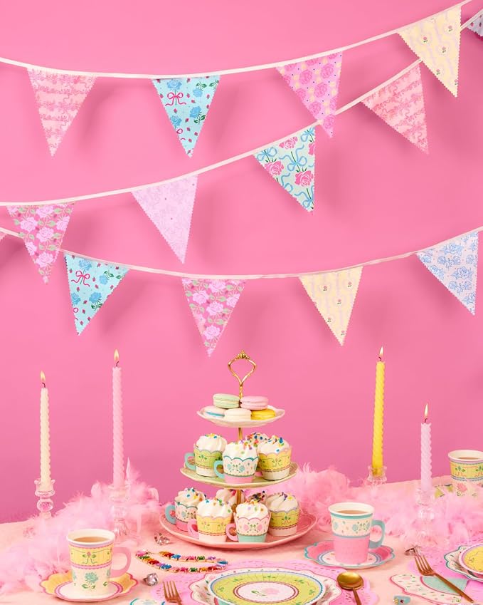 xo, Fetti Tea Party Bunting Banner - 32 Pieces 30ft | Garden Party Garland, Pastel Floral Decor, Birthday, Easter Pennants, Spring, Mother's Day, Pink Blue Purple