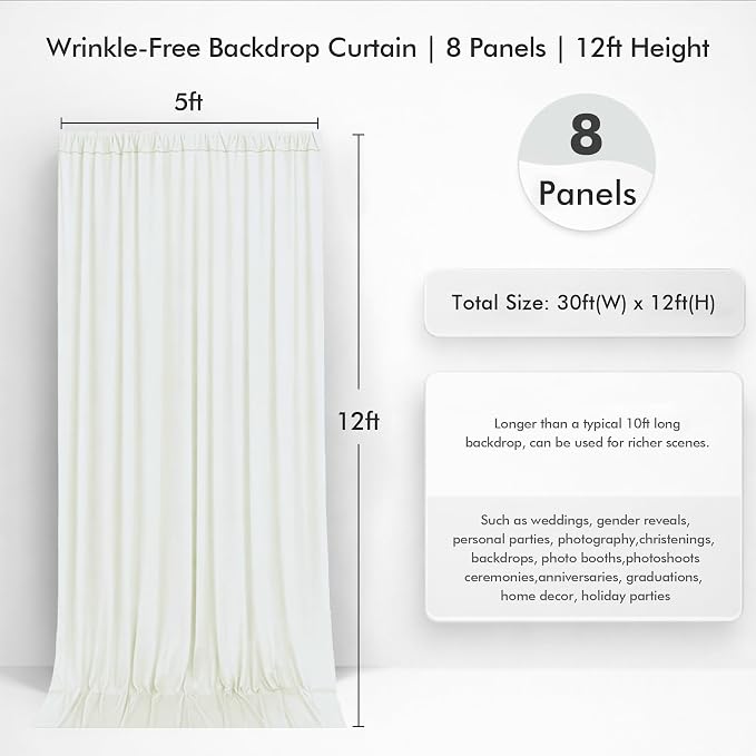 40ftx12ft Wrinkle Free Ivory Backdrop Curtain, 8 Panels 12FT Height Ivory Wedding Backdrop Drapes, Silky Polyester Back Drop Cloth for Birthday Photography Background Party Backdrop Draping