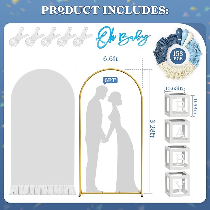 6.6FT Metal Arch Backdrop Stand and Cover Set, Blue Balloon Arch Kit, 153 Pcs Balloons, 4 Baby Shower Box, Letter Stickers, Clips for Baby Shower, Gender Reveal, Birthday, Wedding Decor