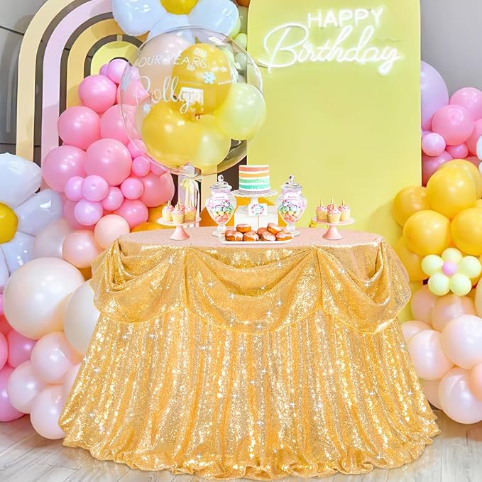 B-COOL Gold Sequin Tablecloth Party Decorations: 90 Inch Round Table Cloth Sequins Fabric Overlay for Indoor Outdoor Dining Parties