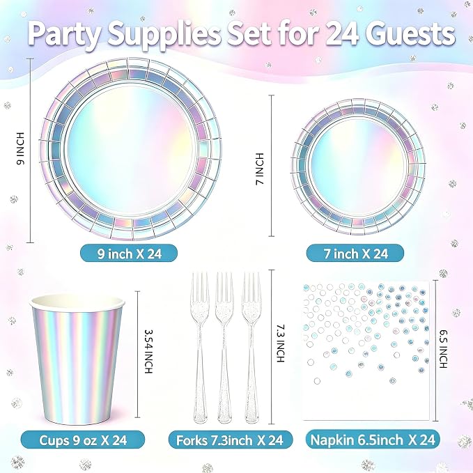 Iridescent Plates and Napkins Party Supplies for 24 Guests, Disposable 9’’ and 7'' Silver Holographic Paper Plates and Cups, Forks & Napkins Set for Mermaid, Birthday Party Decorations