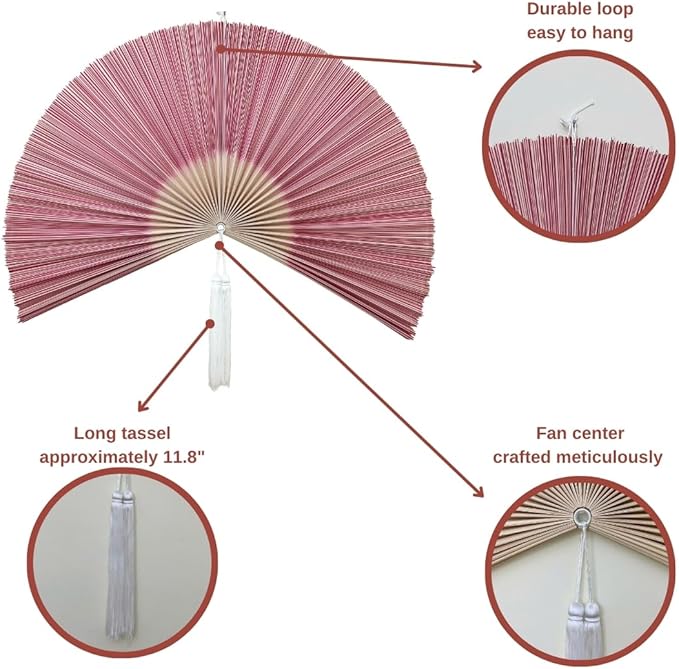 Fan Wall Decor,Japanese Chinese Walls Fan Décor, Boho Hanging Headboard,Decorative Folding Fans for Over Bed Decorations (Redpink 48inch)