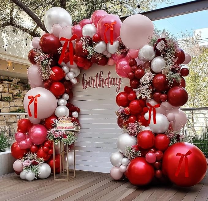 Red Pink Balloon Arch Kit Double Stuffed Dark Red Pink Burgundy White Pearl Balloon Garland With Bows for Valentine Mothers Day Wedding Bridal Shower Engagement Anniversary Mom Birthday Party Decor