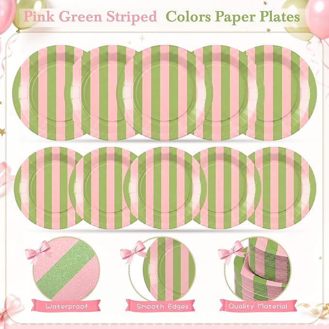 Mimorou 350 Pcs Green and Pink Striped Paper Plates and Napkins for 50 Guests, Striped Disposable Tableware Set Plates Cup Napkins Spoon Fork Knife for Wedding Baby Shower Birthday Party Supplies