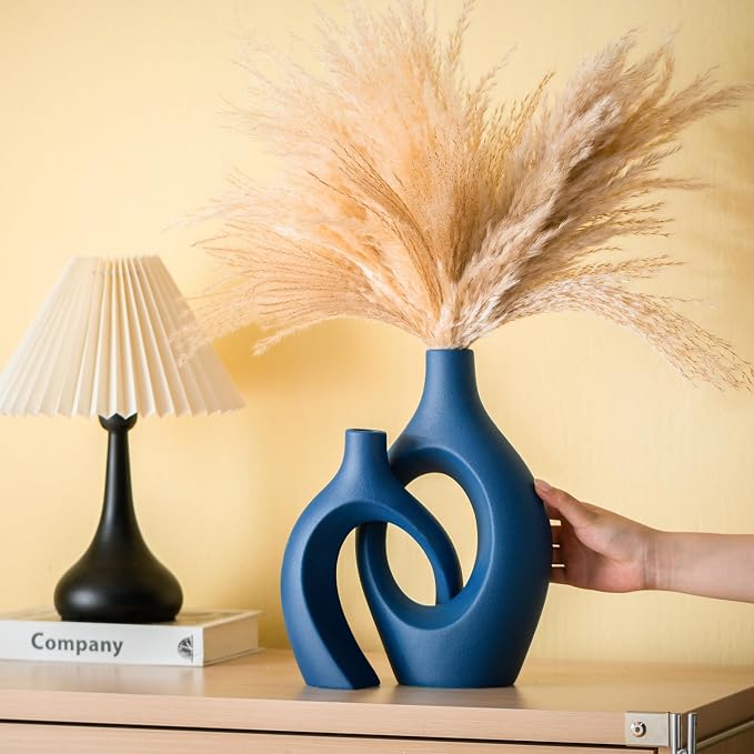 Lvases Snuggle Hollow Ceramic Vase Set of 2, 11 Inch Navy Blue | Nordic Boho Decor Home Flower Vases, Perfect for Living Room Coffee Table, Bookshelf Mantle & Entryway Pampas Grass Display