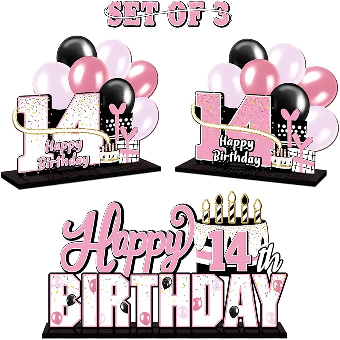 LINGTEER Happy 14th Birthday Pink Acrylic Table Topper Centerpieces Set - Cheers to 14 Years Old Birthday Fourteen Bday Party Gift Decorations.
