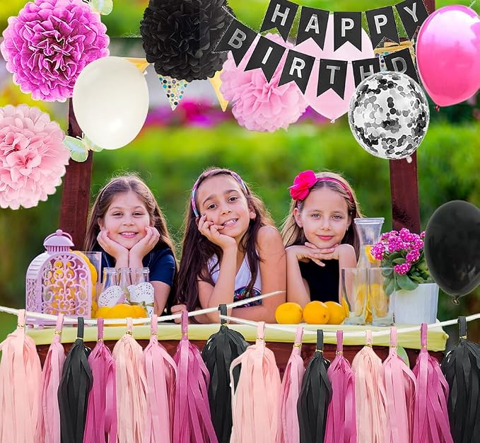Hot Pink Birthday Decorations for Girls Women - Happy Birthday Banner with Party Balloons and Tassel Circle Garland Paper Flowers Supplies (Black Pink)