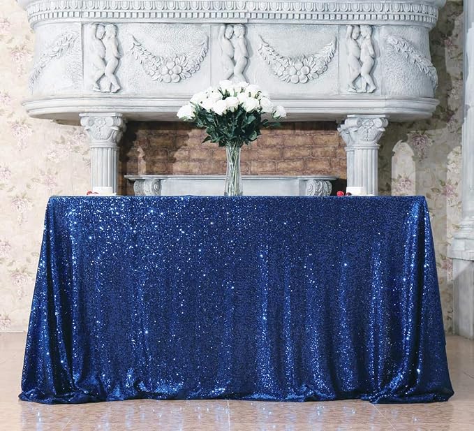 Juya Delight Navy Blue 90'' x 132'' Sequin Tablecloth Rectangle Sparkle Table Cover for Party Birthday Wedding Decoration