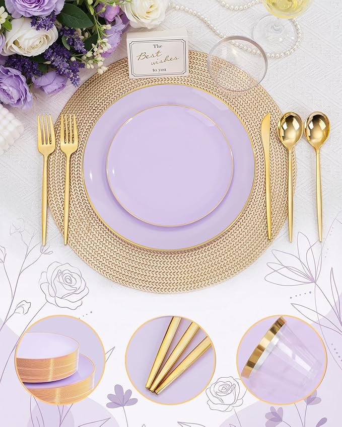 bUCLA 150PCS Purple Plastic Plates - Light Purple and Gold Disposable - Include 25 Each (Dinner & Dessert) lavender Plates, 25 Knives, 25 Forks, 25 Spoons & 25 Cups for Party, Birthday & Wedding