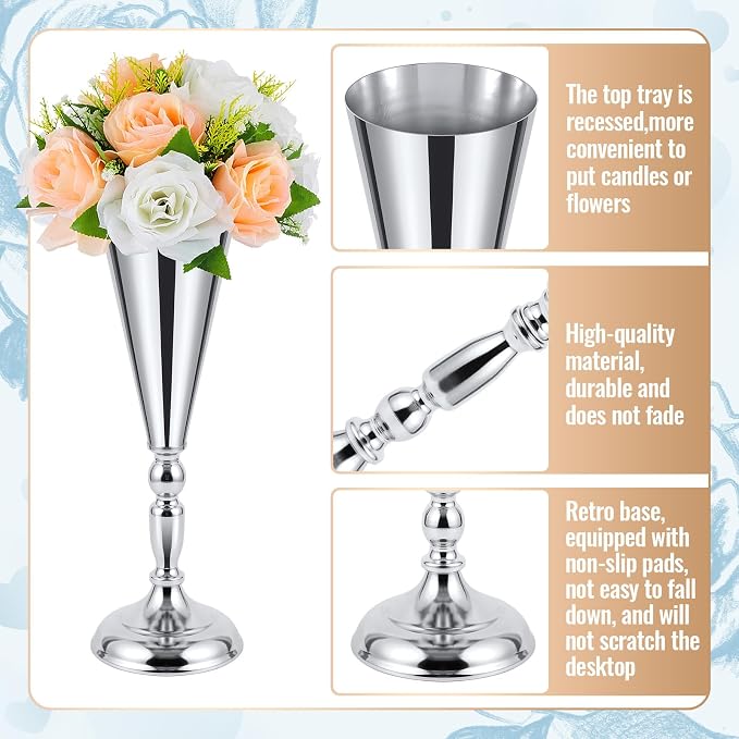 Boao 12 Pcs Silver Vase Flower Wedding Centerpieces for Tables, 16.5'' 14'' 10'' Metal Trumpet Vases for Centerpieces Table Decorations for Wedding Anniversary Ceremony Party Birthday Reception Decor