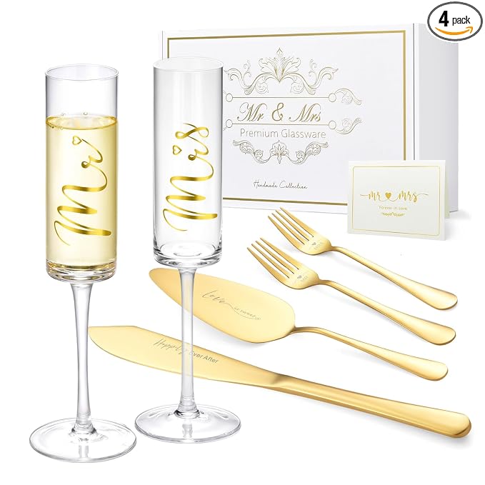 ROXBURGH Wedding Cake Knife and Server Set, Bride and Groom Mr and Mrs Champagne Flutes & Forks with Giftable Box, Cake Cutting Set for Wedding Engagement Bridal Shower Gifts