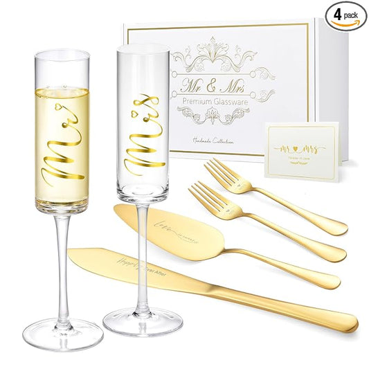 ROXBURGH Wedding Cake Knife and Server Set, Bride and Groom Mr and Mrs Champagne Flutes & Forks with Giftable Box, Cake Cutting Set for Wedding Engagement Bridal Shower Gifts