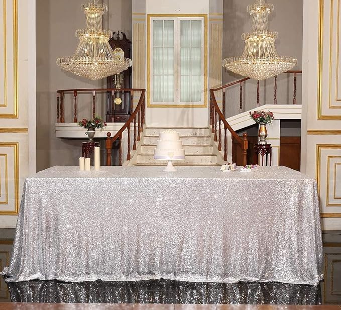 Juya Delight 50" x 80" Silver Rectangle Sequin Tablecloth for Party Dinner Banquet Festival Wedding Anniversary Exhibition Dessert Table