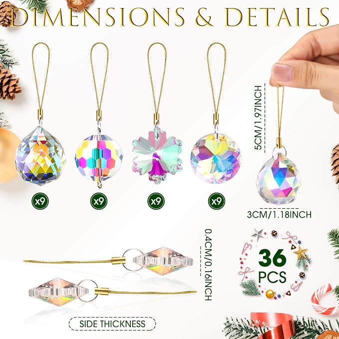 XunYee 36 Pcs Crystal Glass Christmas Balls Ornaments, 1.18" Mini Hanging Crystal Prism Xmas Tree Decorations Pendants for Home Wedding Birthday Party Holiday Decorations(AB Color,Mixed Styles)