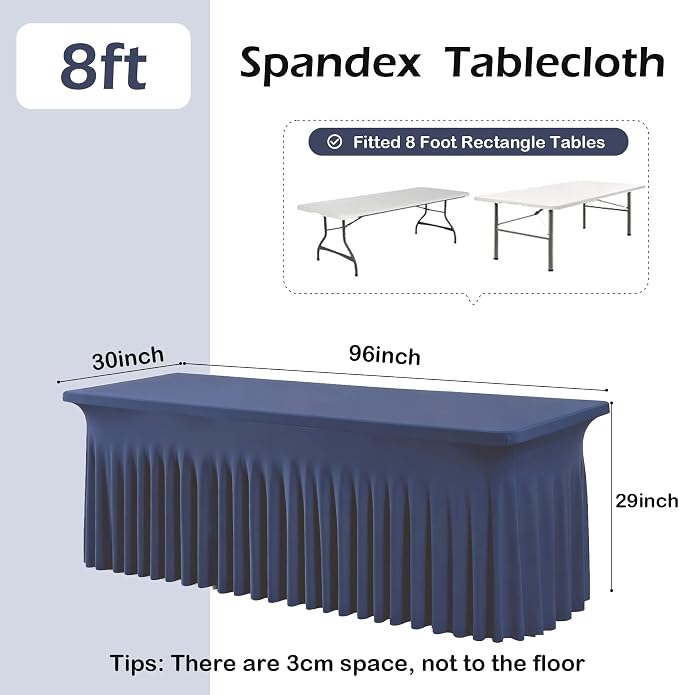 2 pk Navy Blue Spandex Tablecloth 8ft With Ruffle Table Skirt, Wrinkle Free Stretchy Fitted Tablecloths for 8 Foot Rectangle Tables, Elastic Spandex Table Covers 8ft for Weddings Parties Banquet Craft