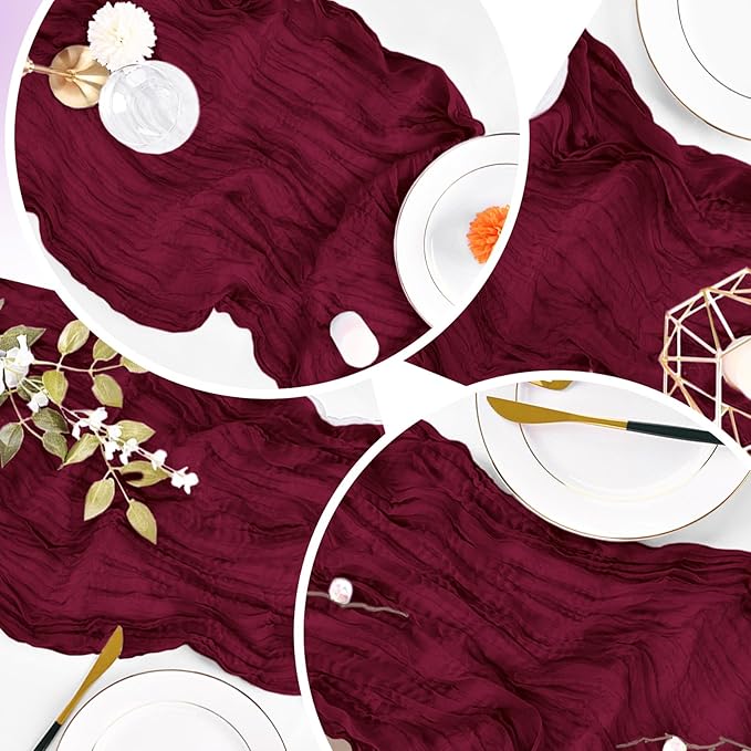 16 Pack Burgundy Cheesecloth Table Runner 20 x 120 inch Gauze Table Runners 10 FT Long,Semi Sheer Boho Cheese Cloth Fabric Table Runner Bulk for Party,Wedding,Baby Shower,Bridal Shower Decoration