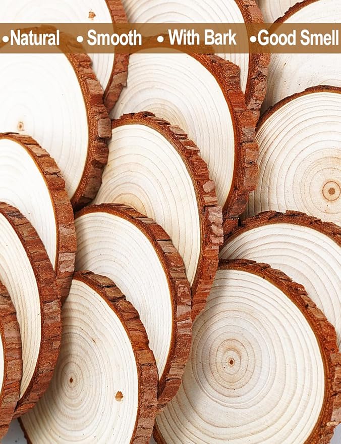wohohoho 32pcs 2.8-3.2 inches Natural Wood Slices, Unfinished Craft Wood Kit Predrilled with Hole Thickened Wooden Circles with Bark for DIY Ornaments Christmas Wedding Decorations Wood Coasters Tags