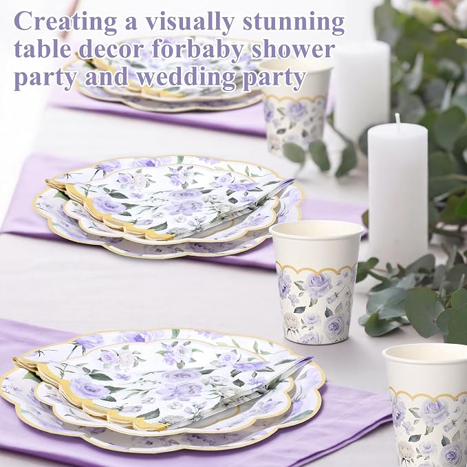 Funnymoom 250 Pcs Floral Party Decoration Flower Paper Plates Napkins and Cups Purple and Gold Floral Disposable Tableware Set for Bridal Shower Baby Shower Wedding Spring Tea Party Supplies Serves 50