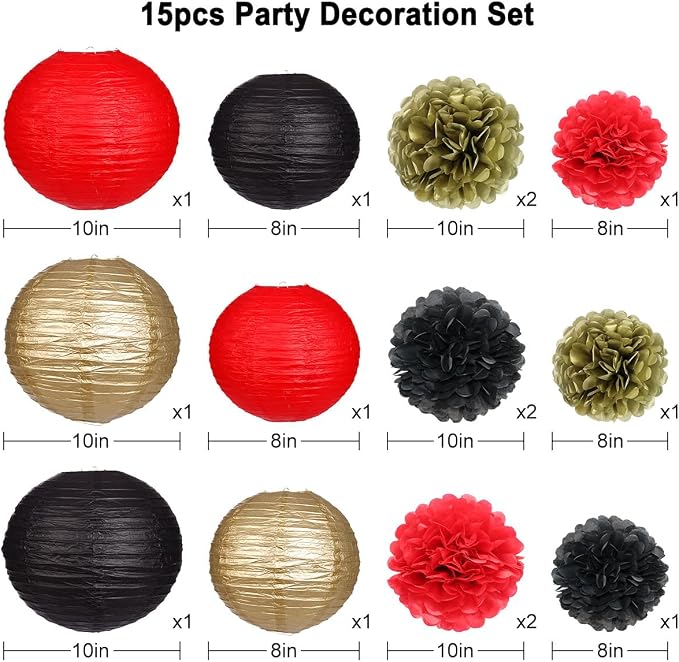 zilue Red and Black Party Decorations, Paper Lanterns and Pom Poms Flowers for Birthday Party New Years Retirement Decor Pack of 15 Pieces