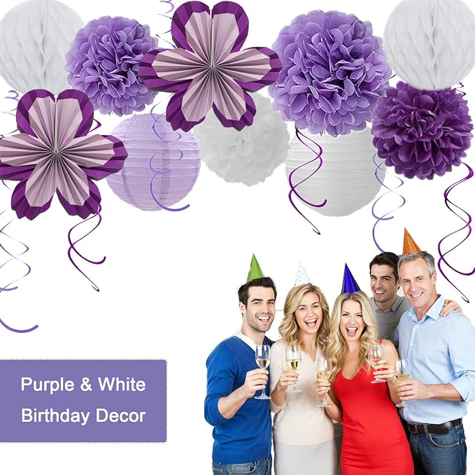 Birthday Party Decorations Kit Purple Violet & White, Happy Birthday Banner Garland Paper Pompoms, Flower Fans, Honeycom Ball , Lantern, Hanging Swirls, 20pcs