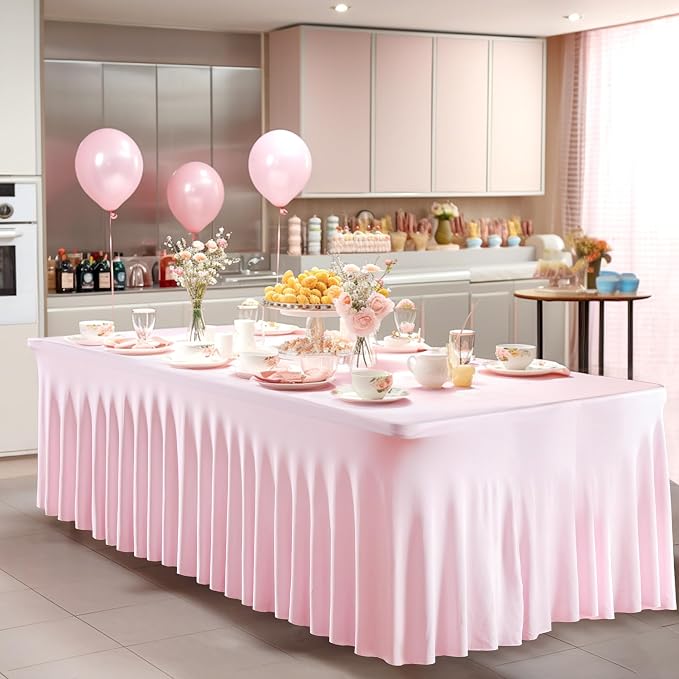 1 Pack Pink Table Clothes for 6 Foot Rectangle Tables, One-Piece Wrinkle Resistant Stretch Spandex Table Covers with Skirt for Event Banquet Wedding Birthday Party