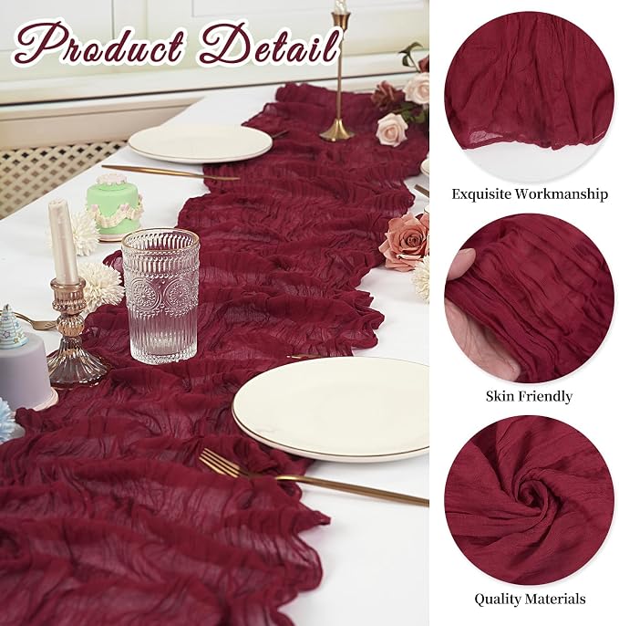 10 Pack Cheesecloth Table Runner 17 x 108 inch Long Boho Gauze Table Runners Semi Sheer Table Runner for Wedding Decor, Baby Shower, Birthday Party, Banquet (Burgundy)