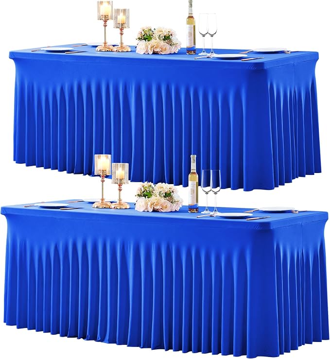 gogoparti 2 Pack Spandex Royal Blue Fitted Table Cloth for 8ft Rectangle Tables Blue Tablecloth Stretch Table Covers Banquet Wrinkle Free Tablecloths Skirt for Parties Wedding