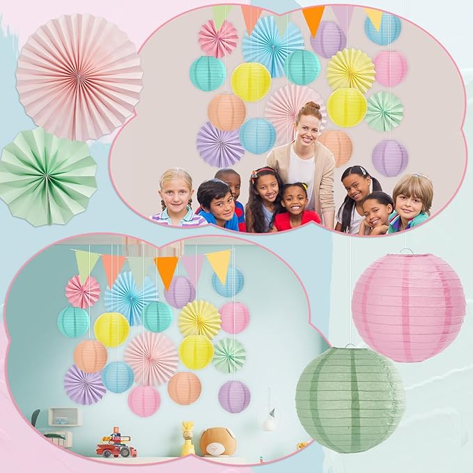 21Pcs Pastel Classroom Decor Colorful Pastel Hanging Paper Lanterns Paper Fans Triangle Flags Banners Set Round Lantern for Back to School Ceiling Supplies Home Indoor Birthday Party Ceremonial Event