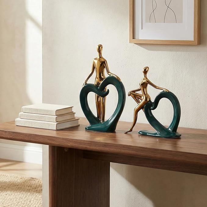 Ceramic Statues Aesthetic Abstract Couple and Heart Sculpture Modern Home Decor Decorative Statue for Living Room Bedroom Bookshelf Table Centerpiece Office (Green and Gold)
