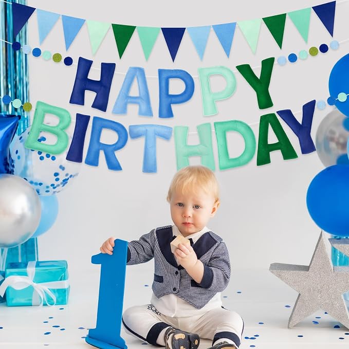 Pre-Strung Happy Birthday Banner - Blue Green Birthday Decorations, 3PCS Felt Birthday Day Sign,Ball Garland,Triangle Bunting,Reusable Colorful Banner for Party Decor Girls Boys Kids Women Men (Blue)