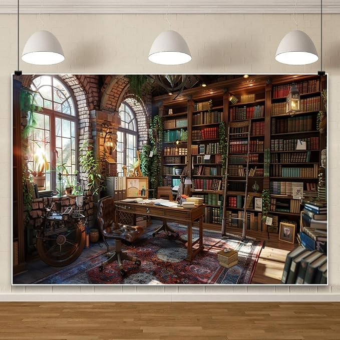 Laeacco 10x7ft Vintage Study Room Backdrop Wooden Booshelf Ancient Books Arch Window Sunshine Photography Background Graduation Back to School Party Decoration Wizard School Banner Photo Booth Props