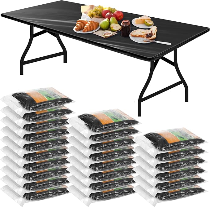 Boao 24 Pcs Black Plastic Rectangular Tablecloths, 6 Ft, 72 x 30 Inch, Windproof, Waterproof, Elastic Fitted, Disposable & Reusable, Ideal for Indoor/Outdoor, Camping, Picnic, Parties