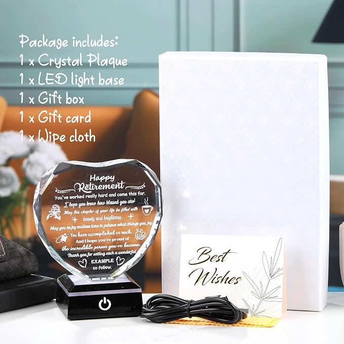 Happy Retirement Gifts for Women Men Crystal Plaque & Keepsake with LED Base Heartfelt Farewell Retired Presents for Boss Colleagues Coworkers Friends